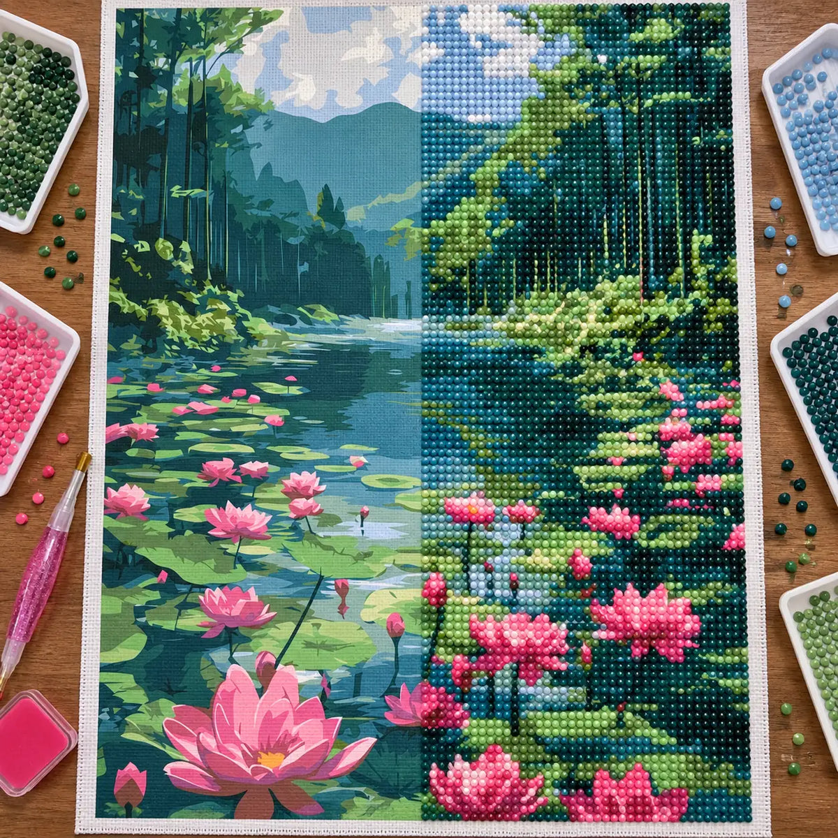 Diamond painting process for Lotus River Haven Diamond Painting Kit