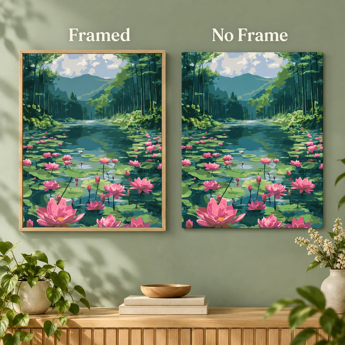 Framed and no-frame comparison for Lotus River Haven Diamond Painting Kit