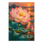 A large pink lotus and closed bud above teal leaves beside a glowing sunset pond: original artwork on a clean white background