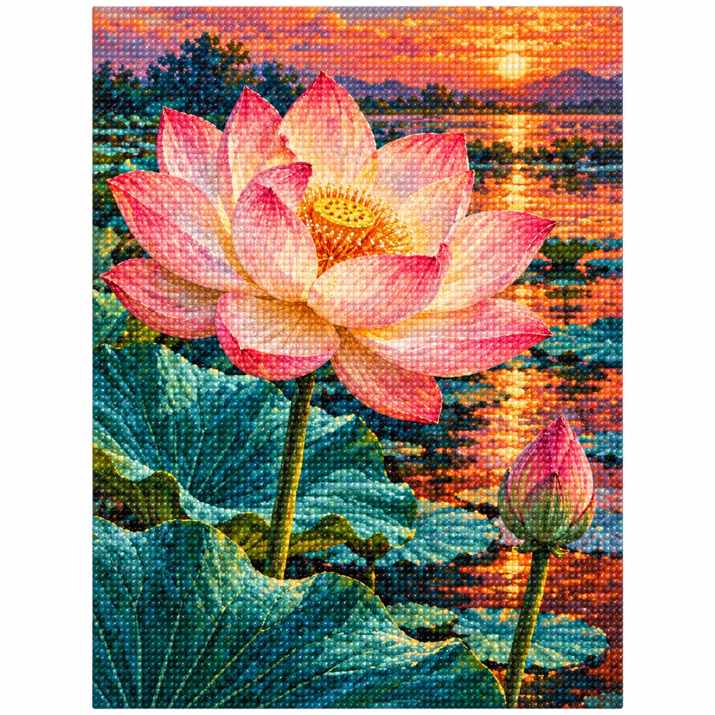 A large pink lotus and closed bud above teal leaves beside a glowing sunset pond: finished diamond painting on a clean white background