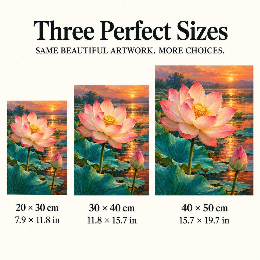 A large pink lotus and closed bud above teal leaves beside a glowing sunset pond: three available size guide