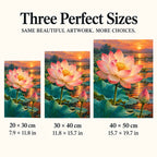 A large pink lotus and closed bud above teal leaves beside a glowing sunset pond: three available size guide