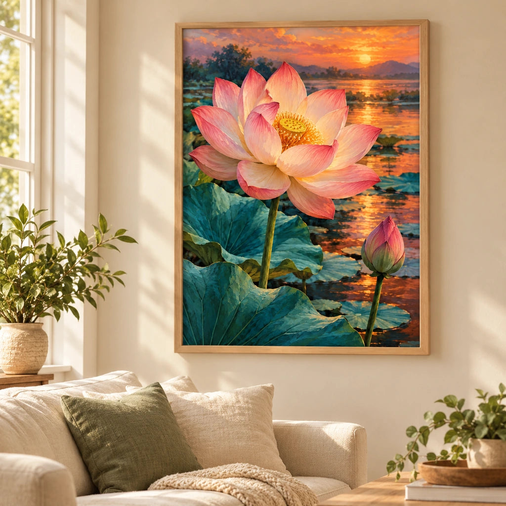 A large pink lotus and closed bud above teal leaves beside a glowing sunset pond: displayed as home wall decor
