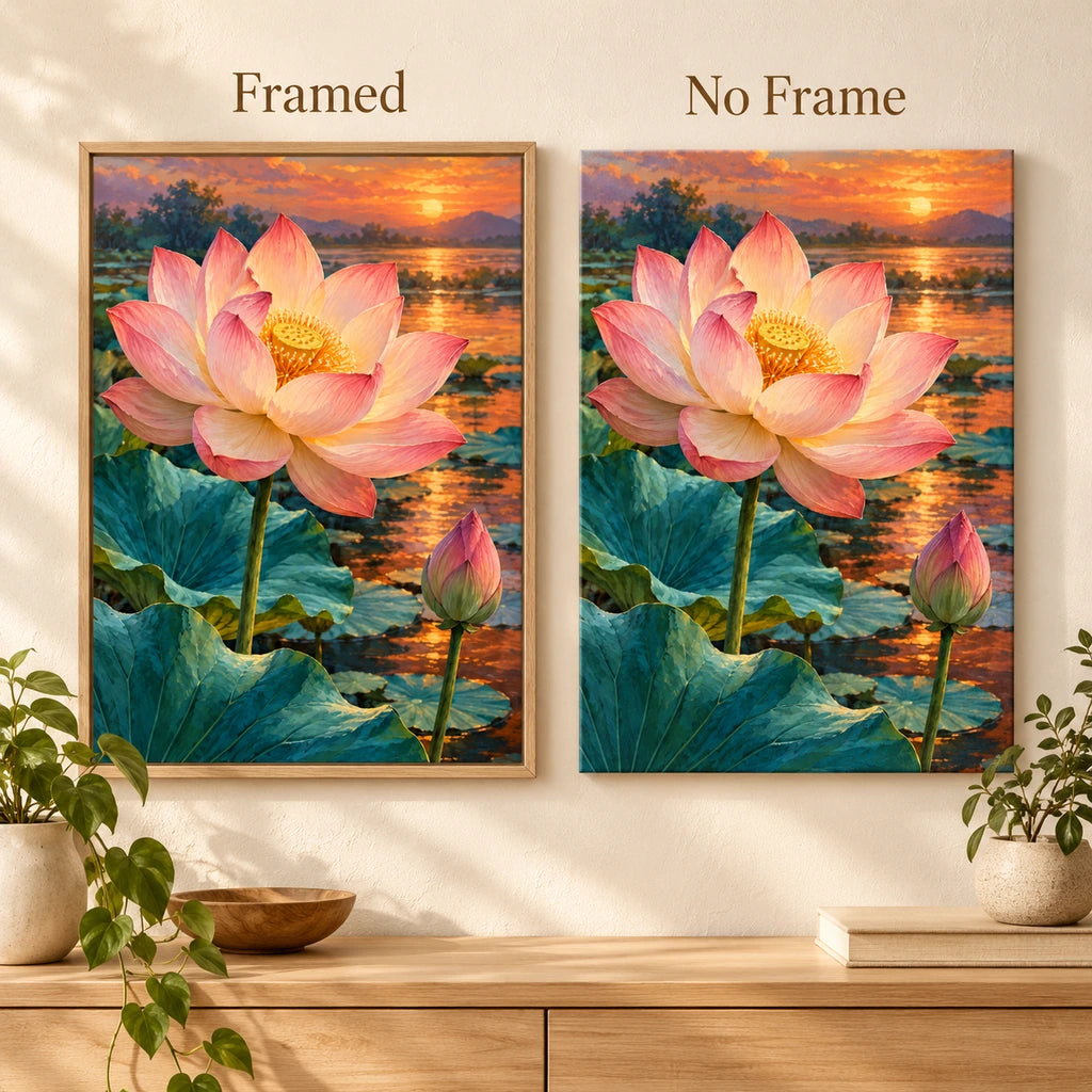 A large pink lotus and closed bud above teal leaves beside a glowing sunset pond: framed and no-frame style comparison