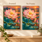 A large pink lotus and closed bud above teal leaves beside a glowing sunset pond: framed and no-frame style comparison