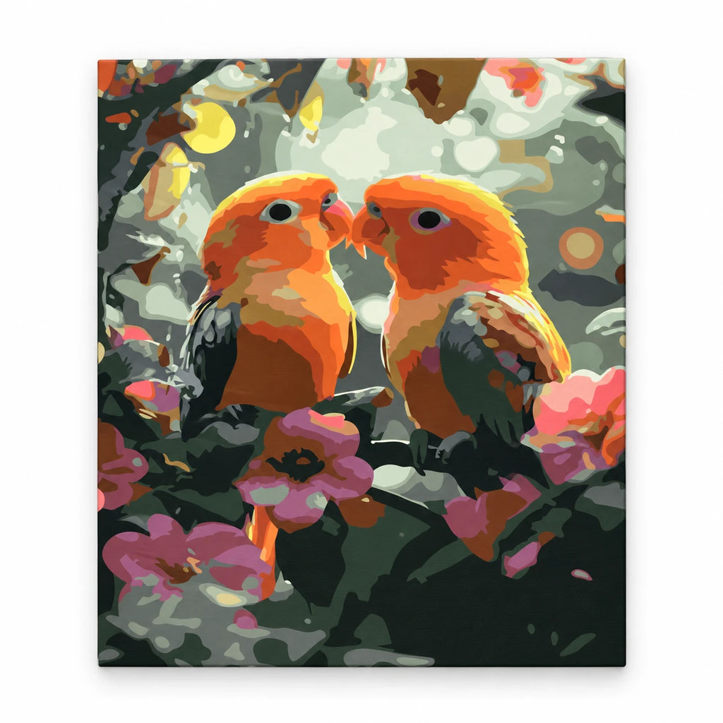 Lovebirds Among Flowers paint by numbers artwork on a front-facing canvas against a white background