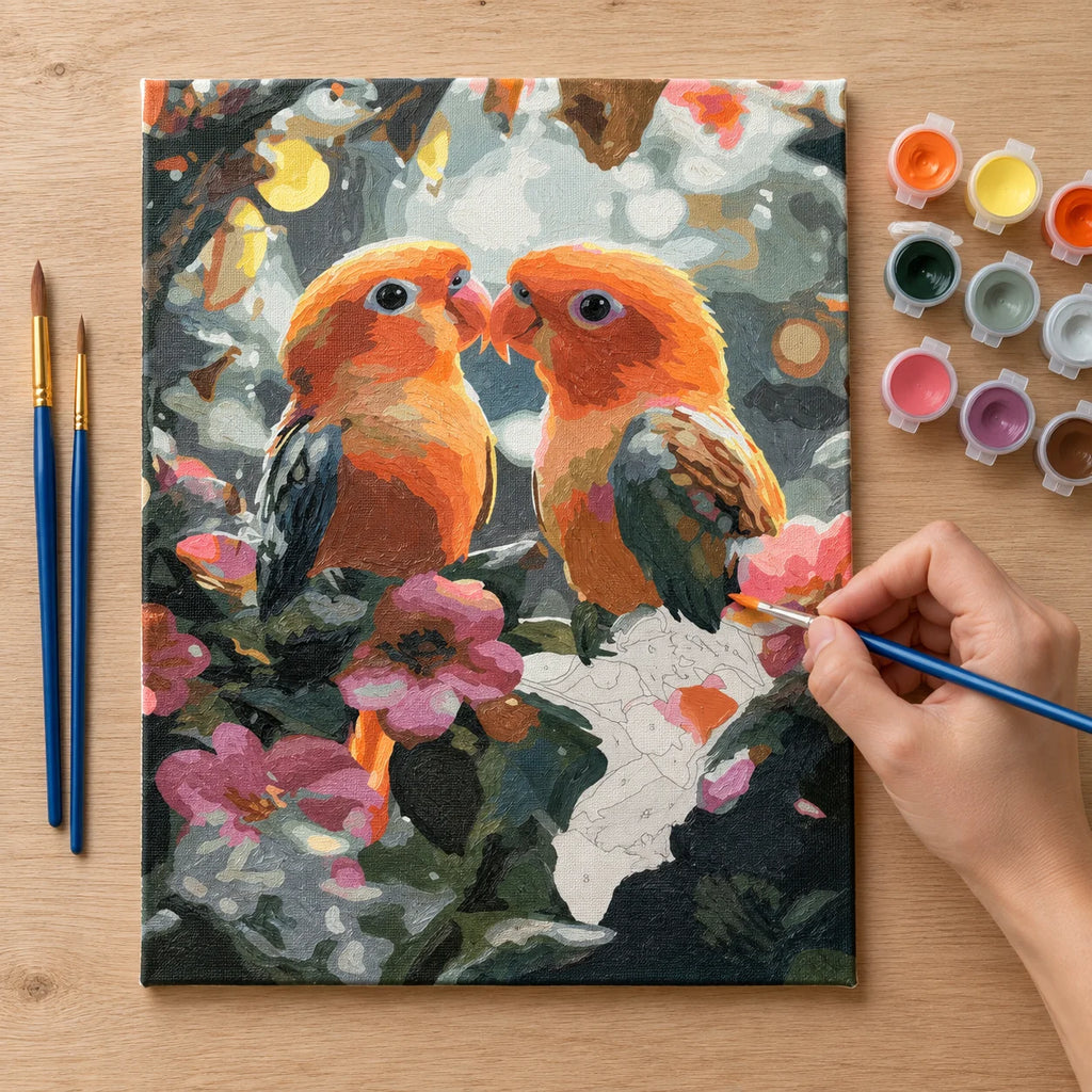 Complete Lovebirds Among Flowers numbered canvas being painted with acrylic paints and brushes