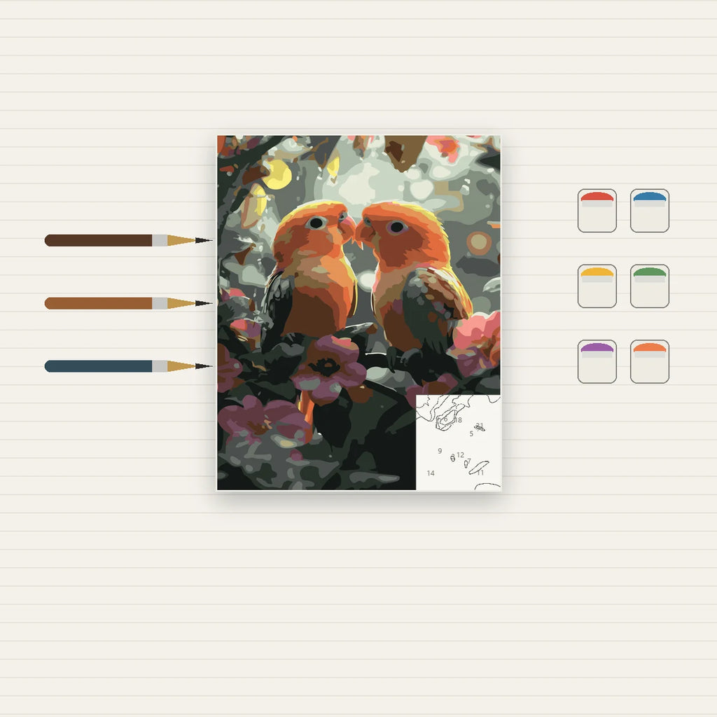 Complete Lovebirds Among Flowers numbered canvas being painted with acrylic paints and brushes