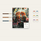 Complete Lovebirds Among Flowers numbered canvas being painted with acrylic paints and brushes