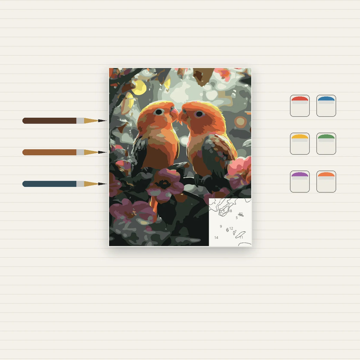 Complete Lovebirds Among Flowers numbered canvas being painted with acrylic paints and brushes