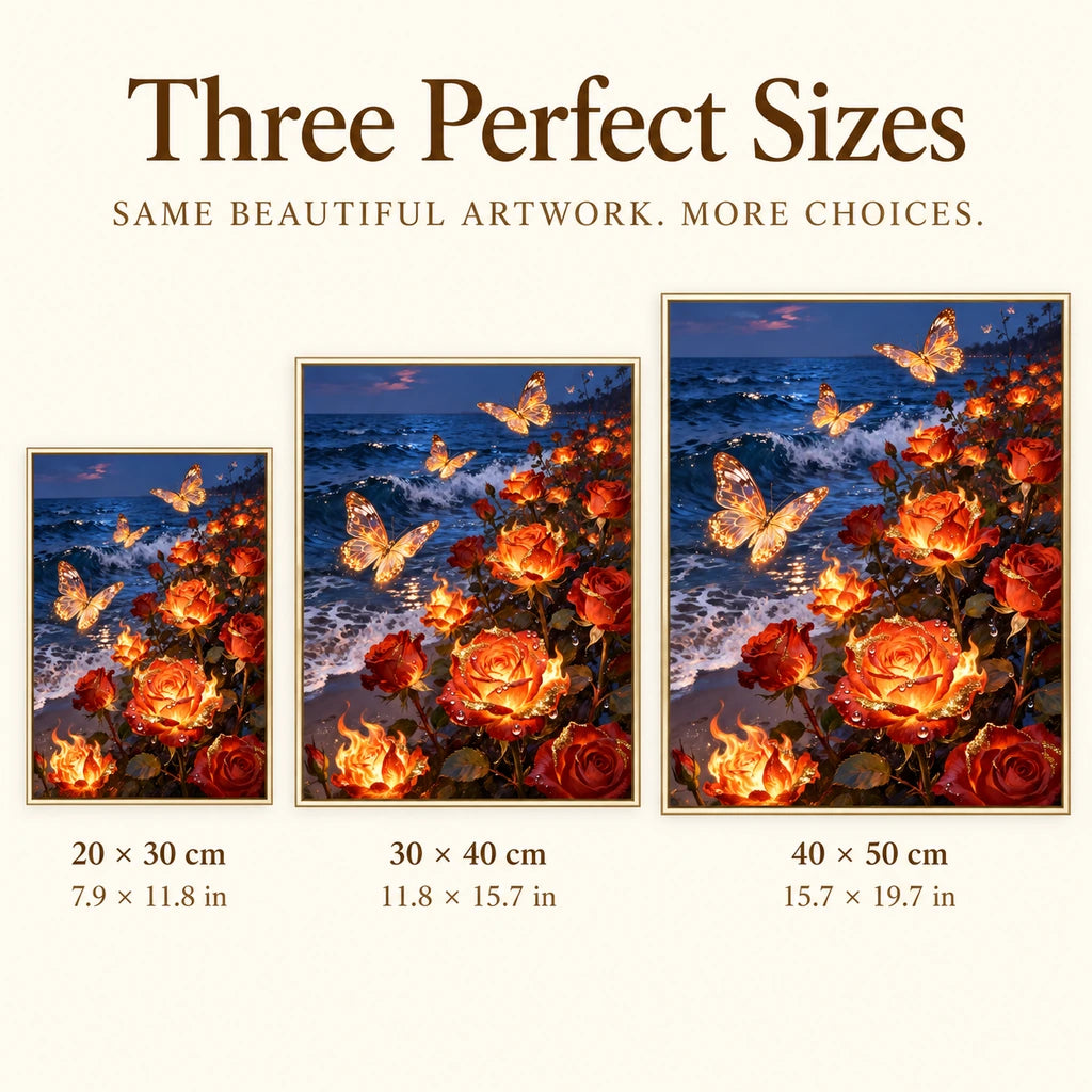 Luminous Butterflies and Fiery Roses: sizes