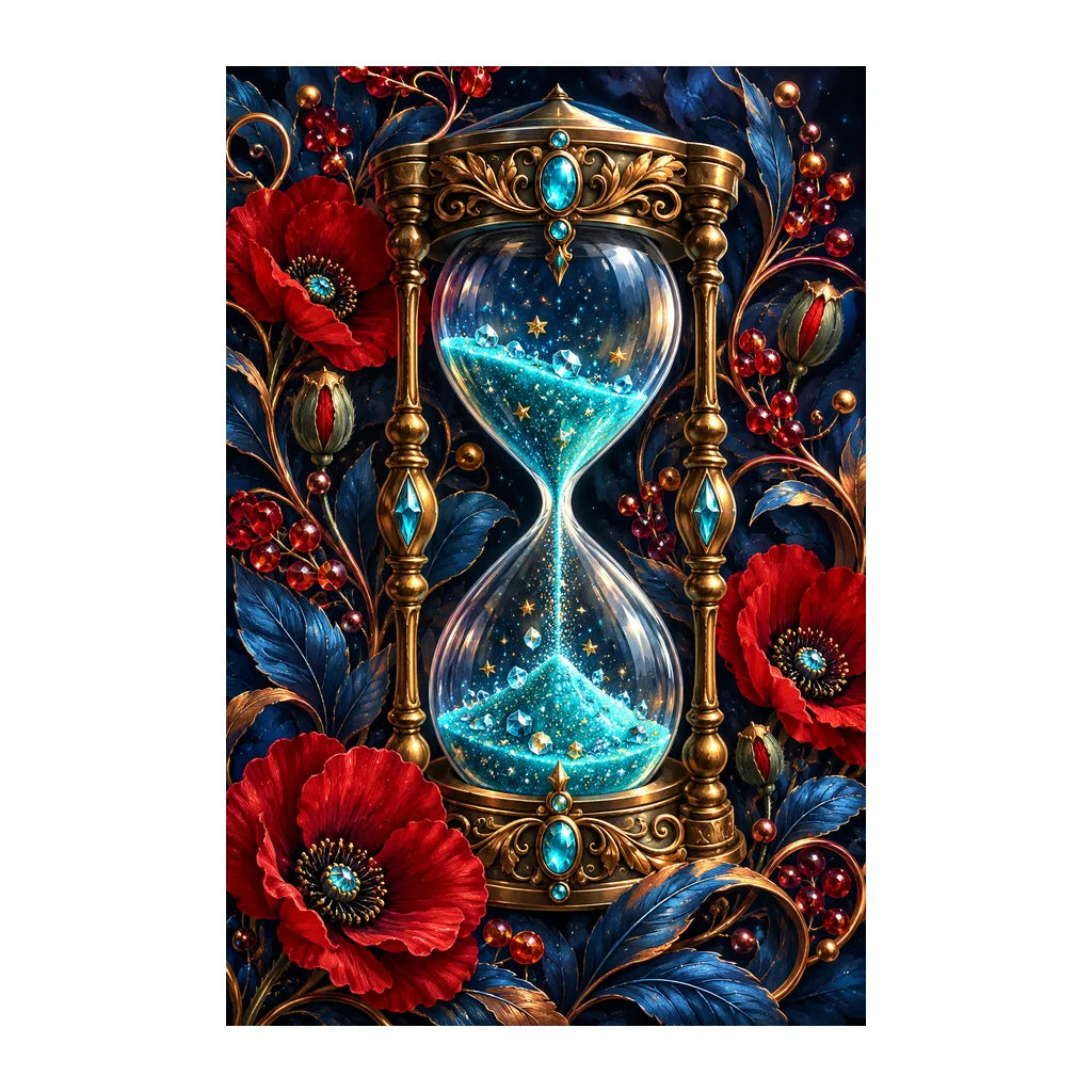 Original white-background artwork of Luminous Hourglass and Poppies