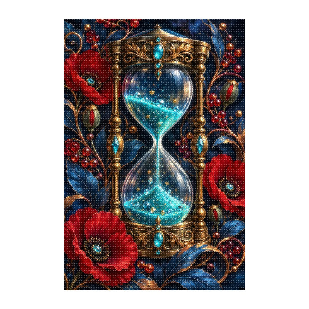 Finished white-background diamond painting of Luminous Hourglass and Poppies