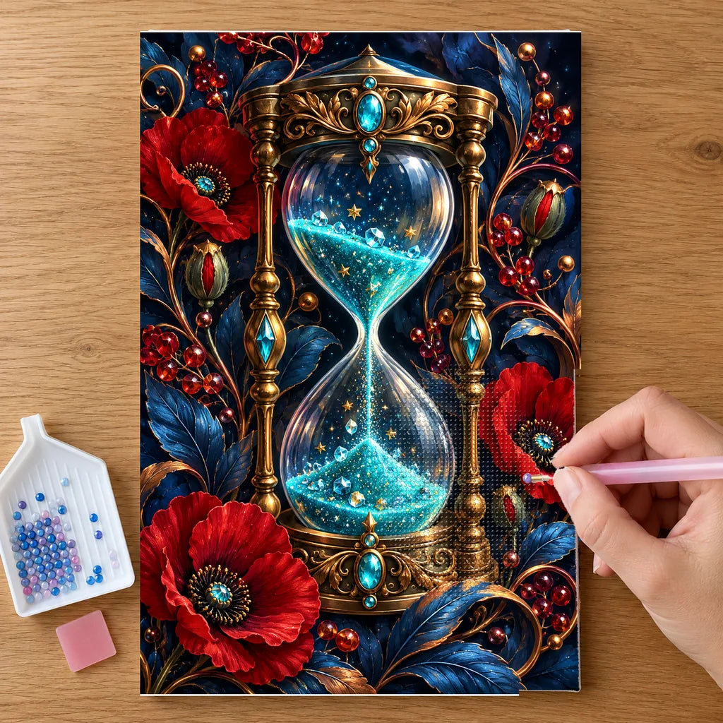 Hands placing drills on the Luminous Hourglass and Poppies diamond painting canvas