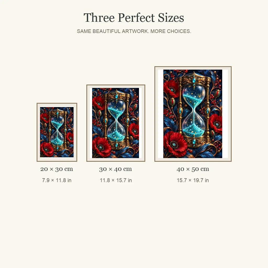 Luminous Hourglass and Poppies diamond painting in 20 by 30, 30 by 40, and 40 by 50 centimeter sizes