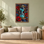 Framed Luminous Hourglass and Poppies diamond painting displayed in a home interior