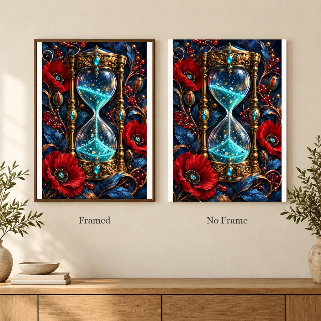 Framed and no-frame options for the Luminous Hourglass and Poppies diamond painting