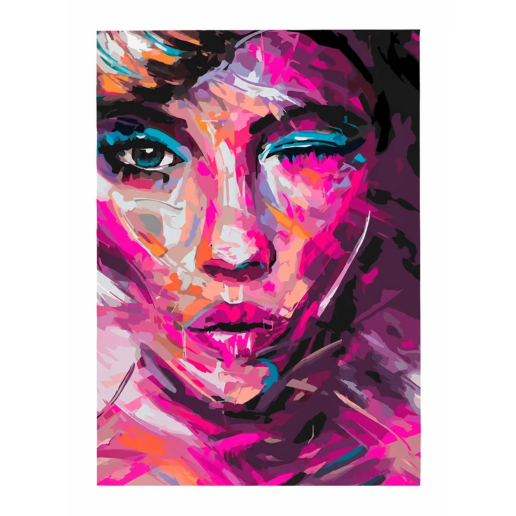 Original abstract woman portrait in magenta, violet, turquoise, and orange brushwork.