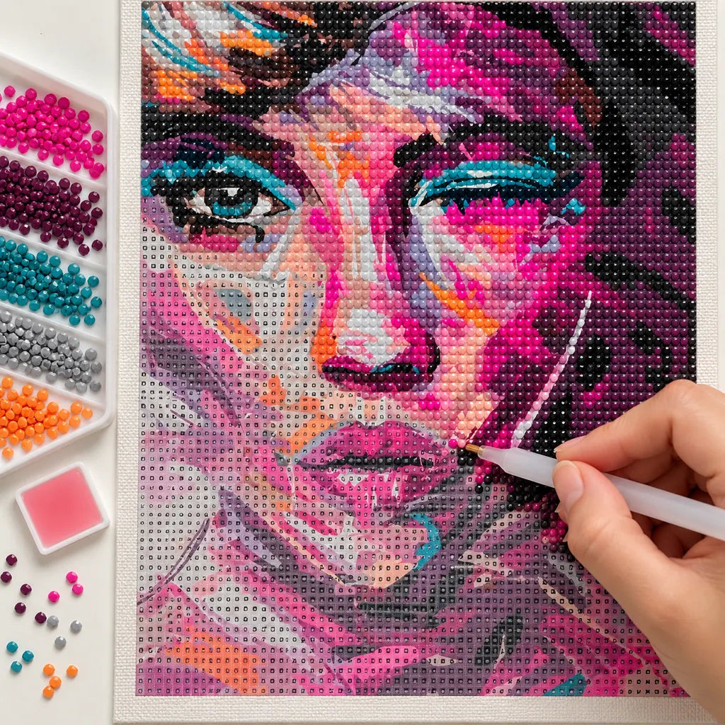 Hands placing drills on the magenta-violet abstract woman portrait diamond painting.