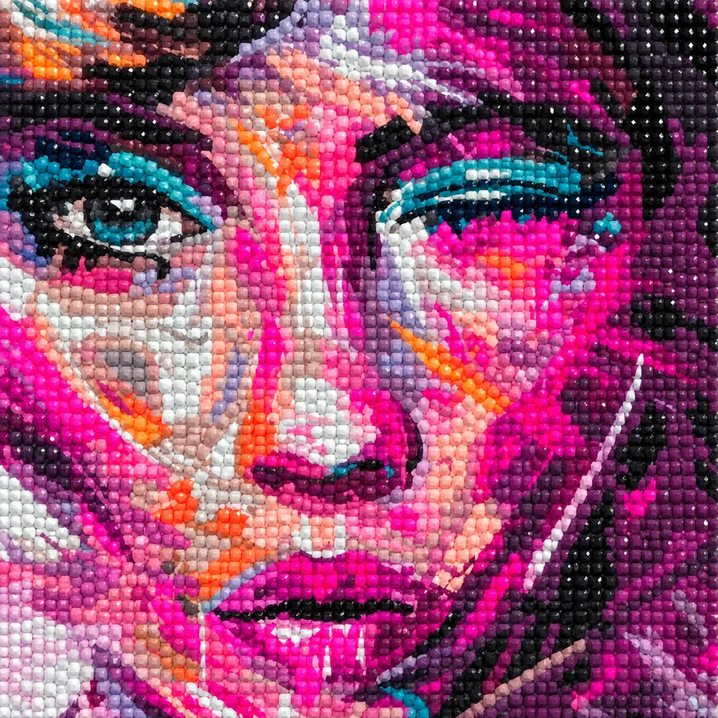 Close-up of colorful drills in the magenta-violet abstract woman portrait.