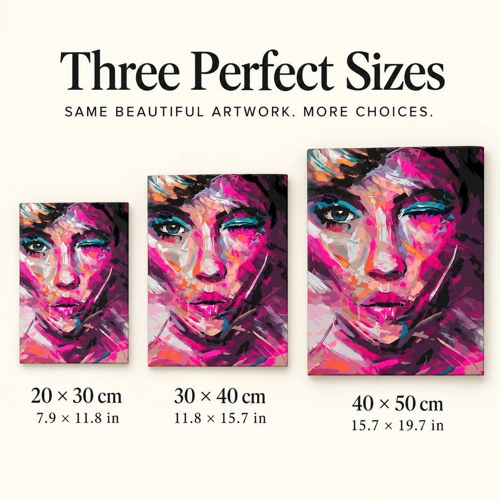 Size guide for Magenta Violet Abstract Woman Portrait Diamond Painting Kit: 20 × 30 cm, 30 × 40 cm, and 40 × 50 cm.