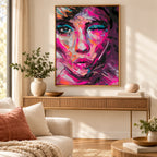 Framed magenta-violet abstract woman portrait diamond painting displayed as home decor.