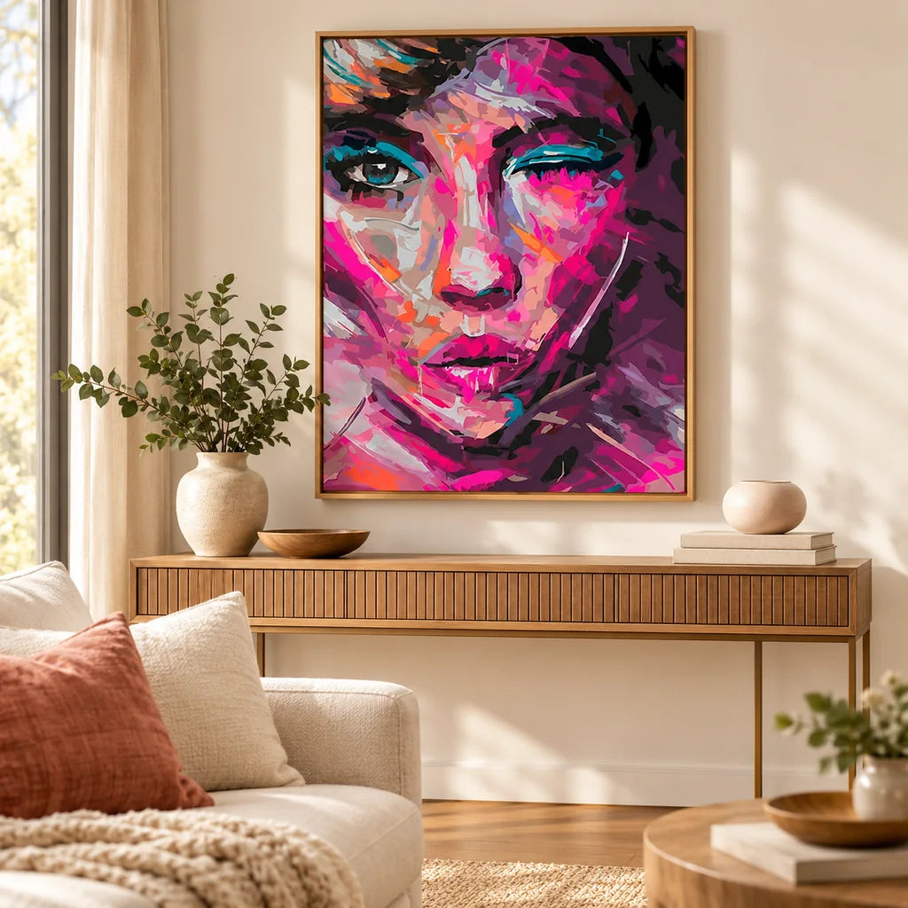 Framed magenta-violet abstract woman portrait diamond painting displayed as home decor.