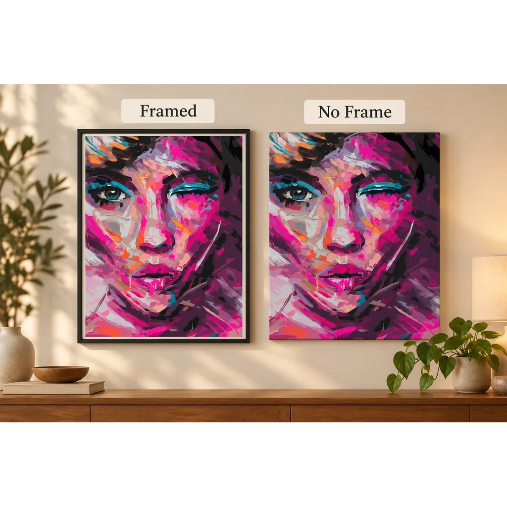 Framed and no-frame comparison for Magenta Violet Abstract Woman Portrait Diamond Painting Kit.