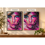 Framed and no-frame comparison for Magenta Violet Abstract Woman Portrait Diamond Painting Kit.