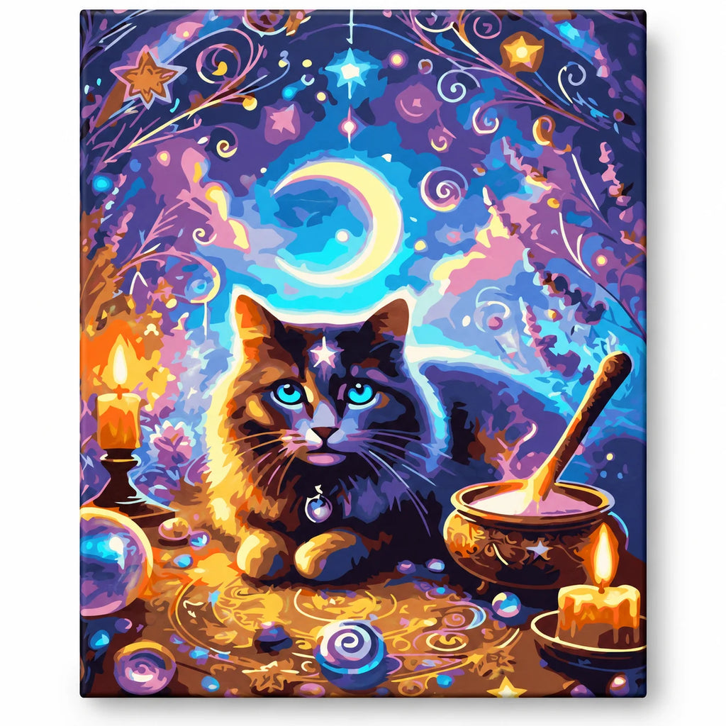 Magical Black Cat with Moon and Cauldron paint by numbers artwork on a front-facing canvas against a white background