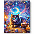Magical Black Cat with Moon and Cauldron paint by numbers artwork on a front-facing canvas against a white background