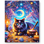 Magical Black Cat with Moon and Cauldron paint by numbers artwork on a front-facing canvas against a white background