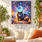Magical Black Cat with Moon and Cauldron shown in a styled room with 15.7 × 19.7 in and 40 × 50 cm dimensions
