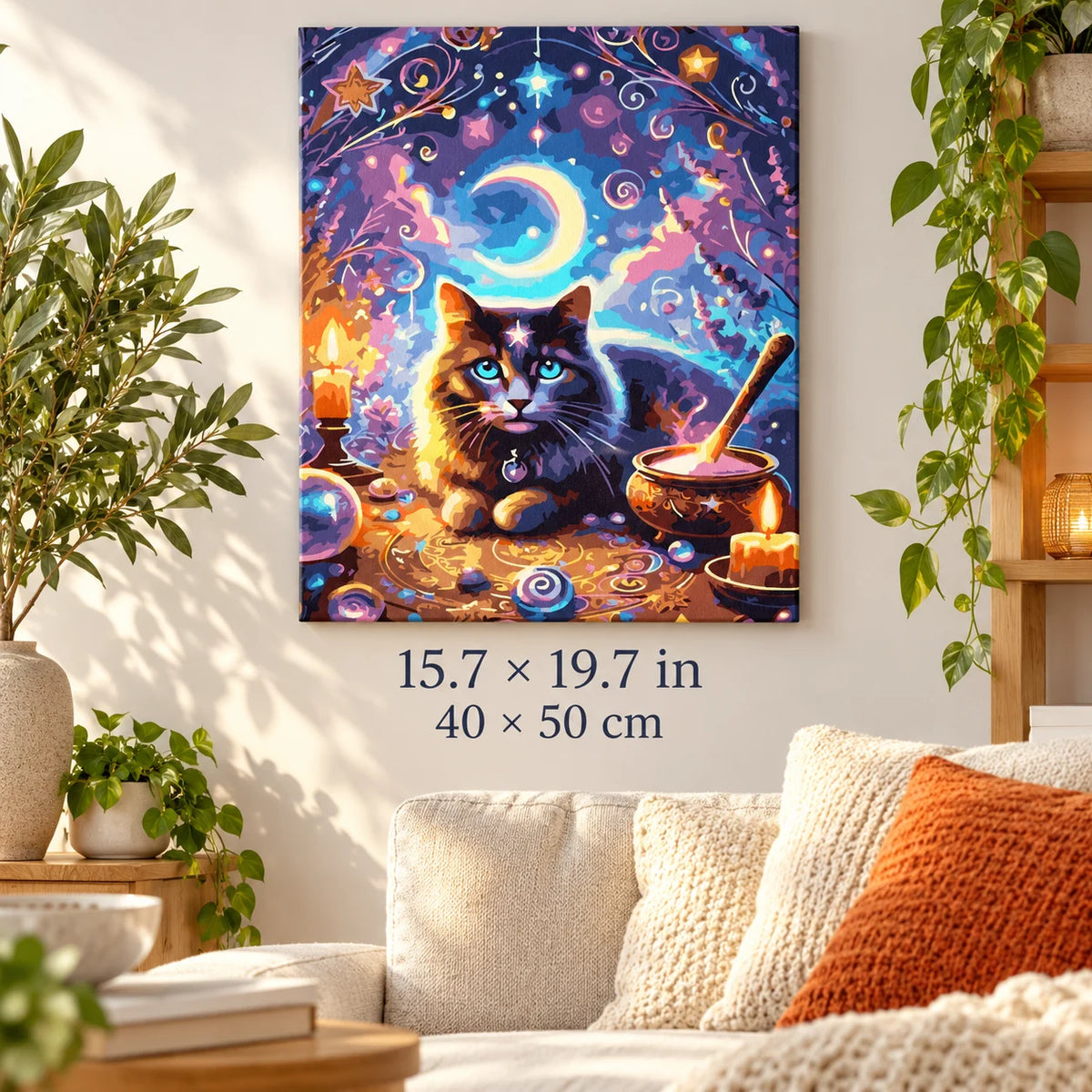 Magical Black Cat with Moon and Cauldron shown in a styled room with 15.7 × 19.7 in and 40 × 50 cm dimensions