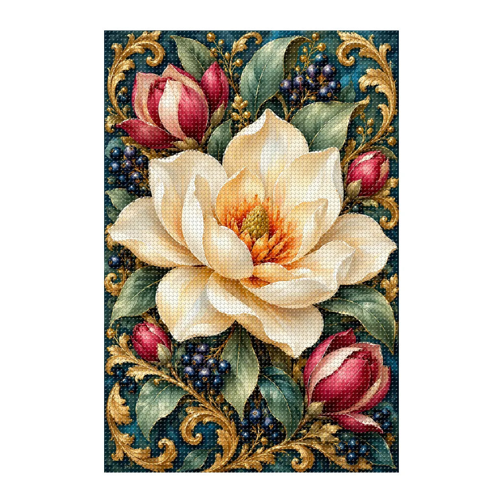 Finished white-background diamond painting of Magnolia Blossom Celadon Frame