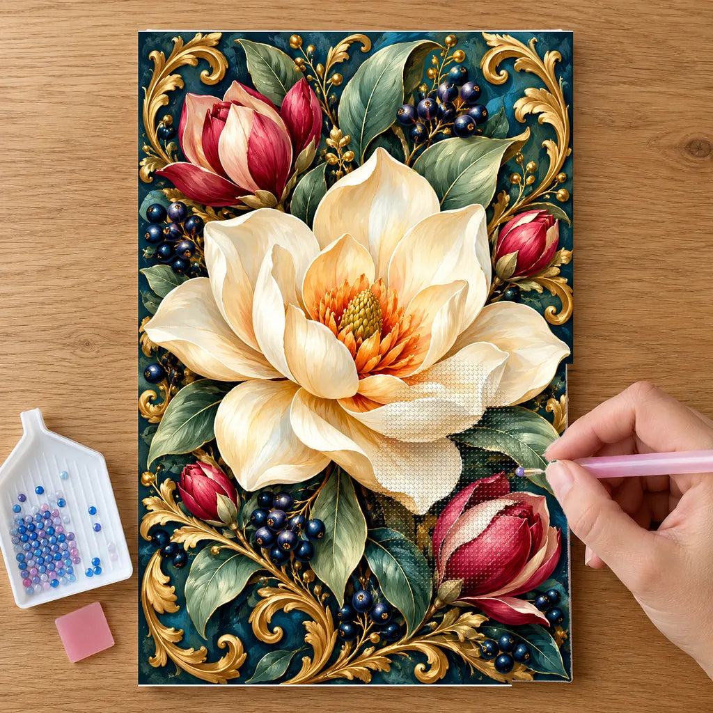 Hands placing drills on the Magnolia Blossom Celadon Frame diamond painting canvas