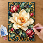Hands placing drills on the Magnolia Blossom Celadon Frame diamond painting canvas