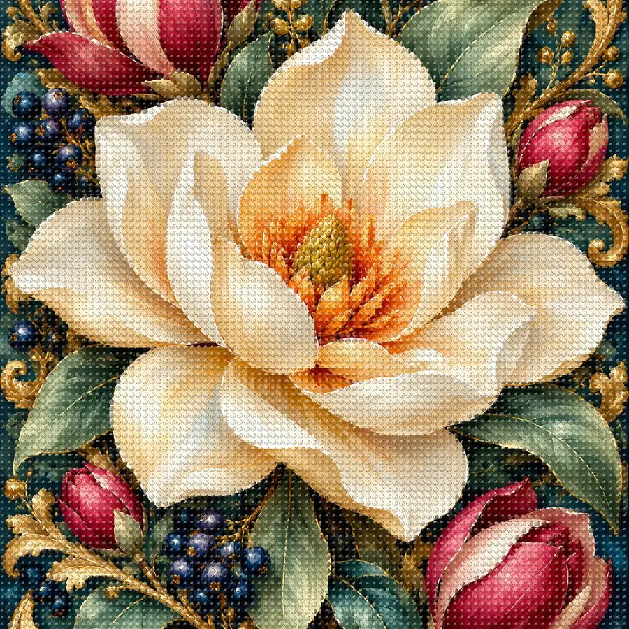 Close-up of sparkling drills on the Magnolia Blossom Celadon Frame design