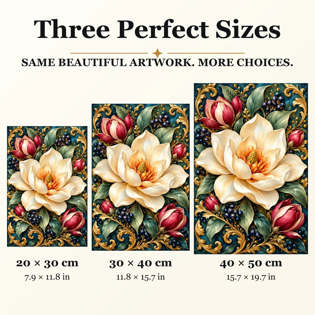 Magnolia Blossom Celadon Frame diamond painting in 20 by 30, 30 by 40, and 40 by 50 centimeter sizes