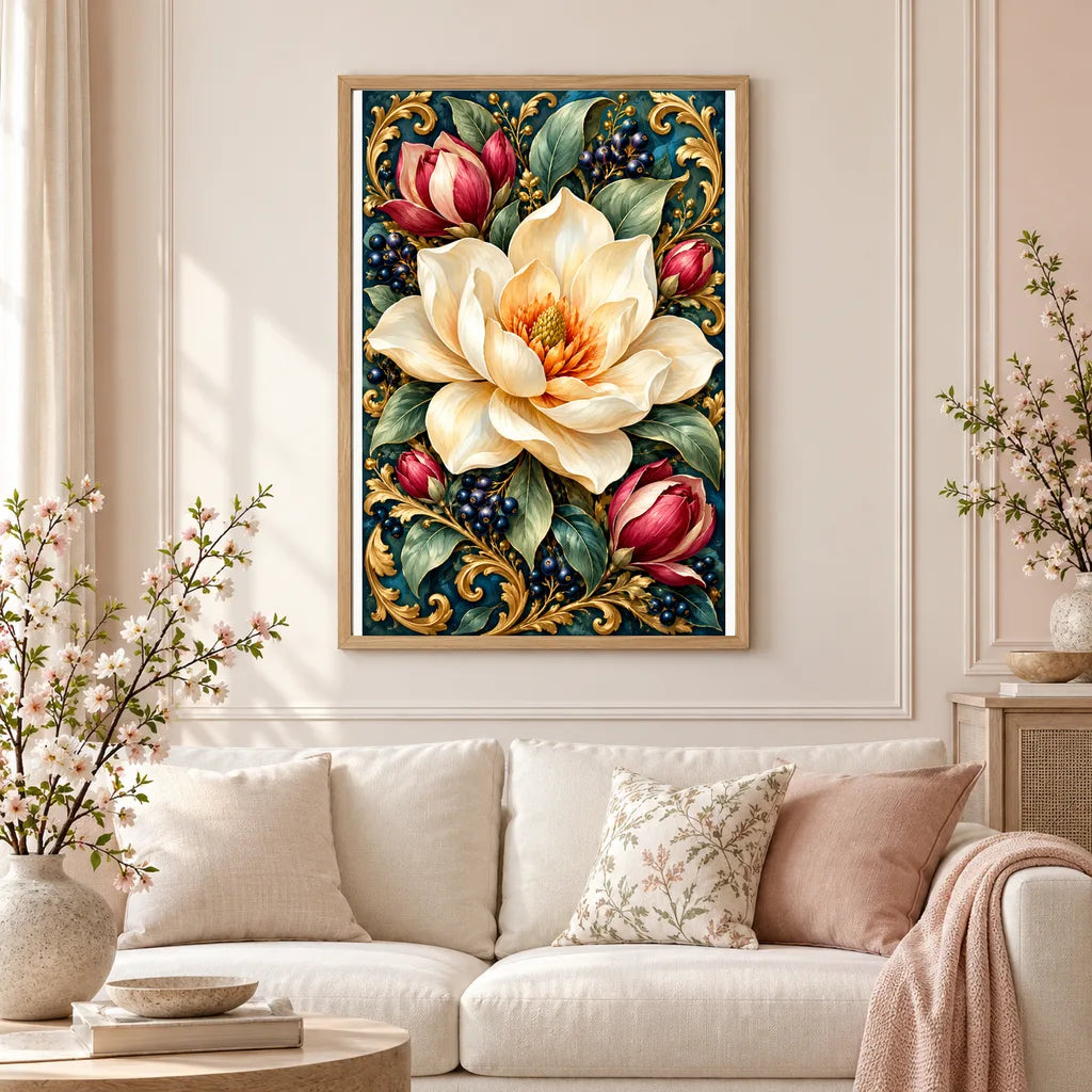 Framed Magnolia Blossom Celadon Frame diamond painting displayed in a home interior