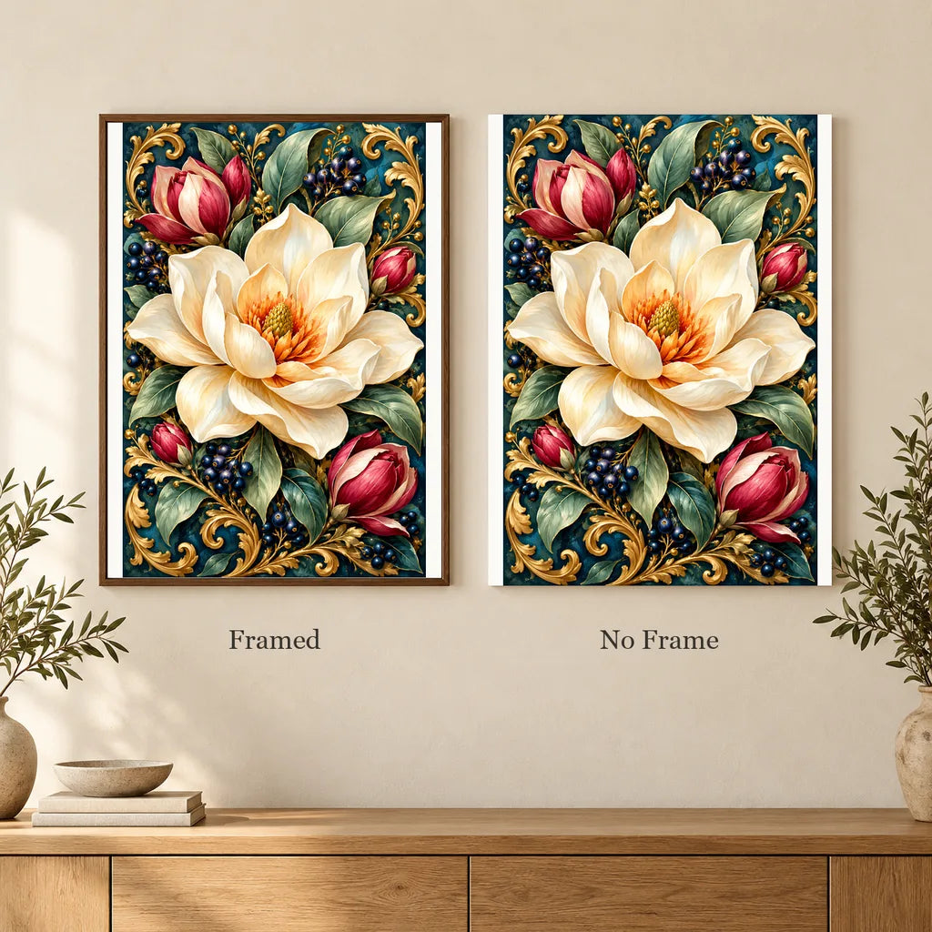 Framed and no-frame options for the Magnolia Blossom Celadon Frame diamond painting
