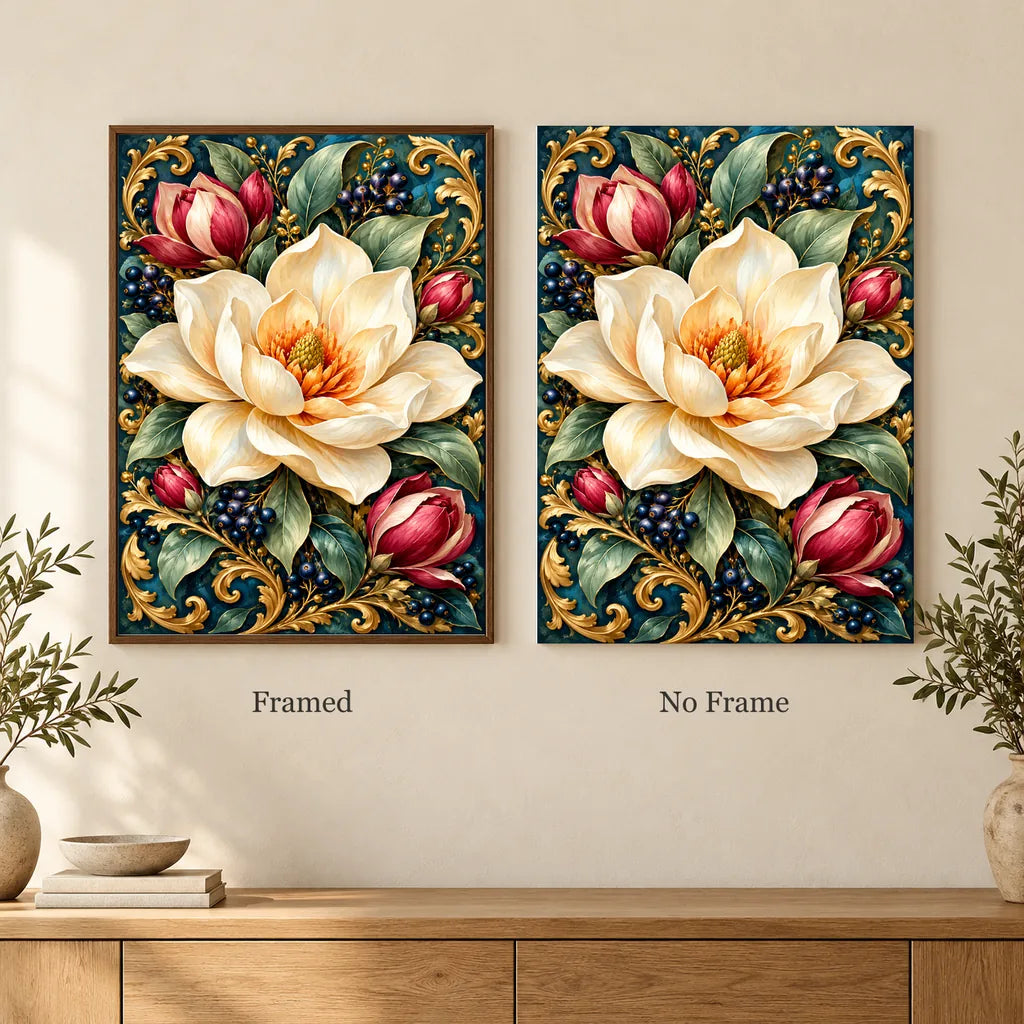 Framed and no-frame options for the Magnolia Blossom Celadon Frame diamond painting