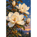 Ivory magnolias beneath a deep blue moonlit sky: original artwork on a white background