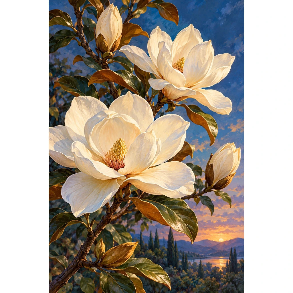 Ivory magnolias beneath a deep blue moonlit sky: original artwork on a white background
