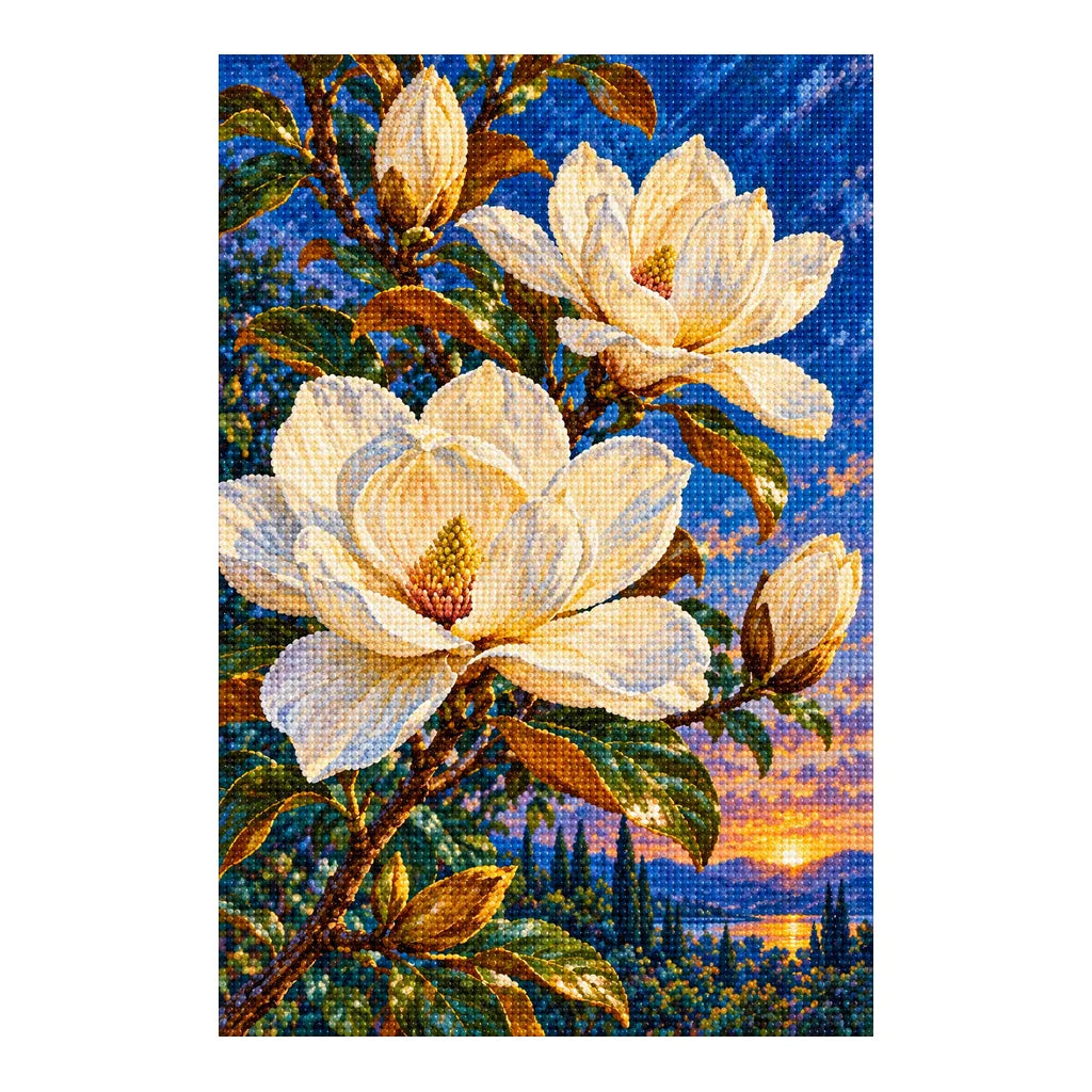 Ivory magnolias beneath a deep blue moonlit sky: finished diamond painting on a white background