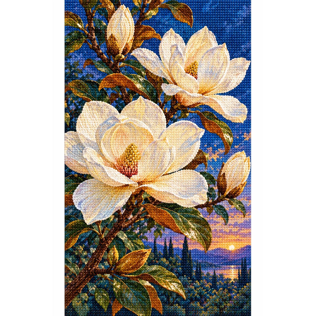 Ivory magnolias beneath a deep blue moonlit sky: finished diamond painting on a white background