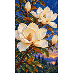 Ivory magnolias beneath a deep blue moonlit sky: finished diamond painting on a white background