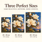 Ivory magnolias beneath a deep blue moonlit sky: size guide showing three available dimensions
