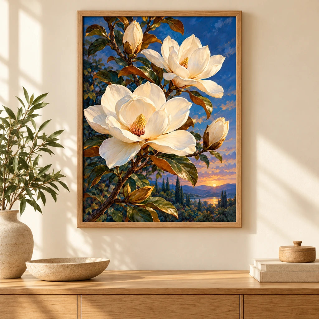 Ivory magnolias beneath a deep blue moonlit sky: diamond painting displayed as home wall decor