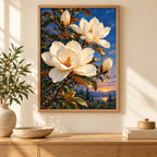 Ivory magnolias beneath a deep blue moonlit sky: diamond painting displayed as home wall decor